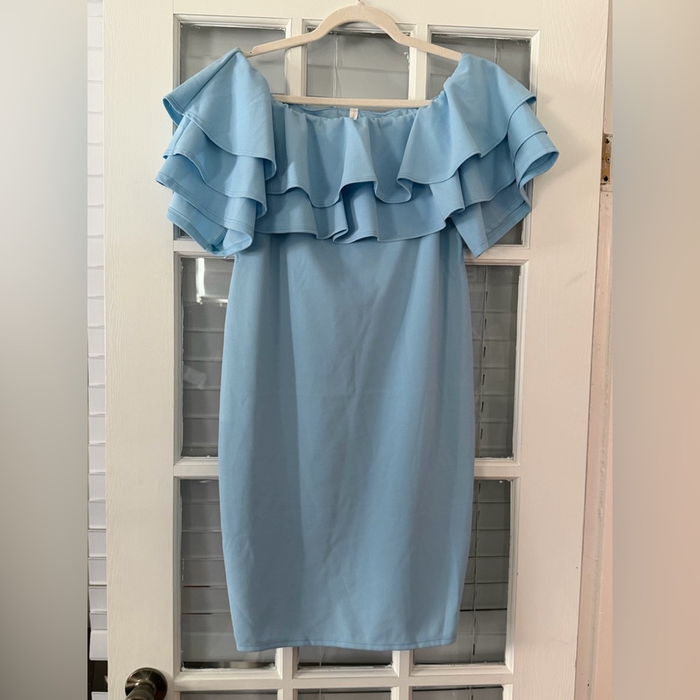 NWT Pinkblush Women’s S Blue Off Shoulder Ruffle Knee Length Dress‎ | SKU 0112